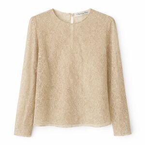 Christian Dior Beige Tan Lace Long-Sleeve 100% Silk Top, Size US 8